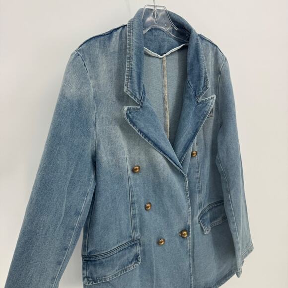Denim Double Breasted Blazer Jacket Light Wash western Gold Buttons Women large - Picture 9 of 10